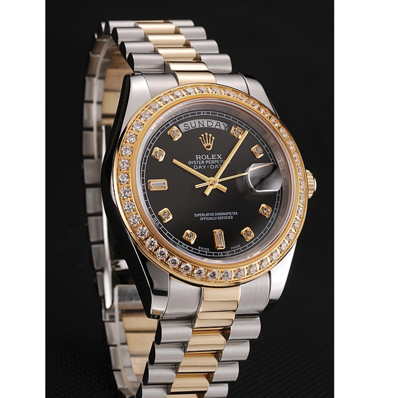 Good Copy Rolex Watches Gold Case Tone Two Stainless Swiss 1453976 Diamond Bracelet Black Dial Day-Date Steel Rolex 0628
